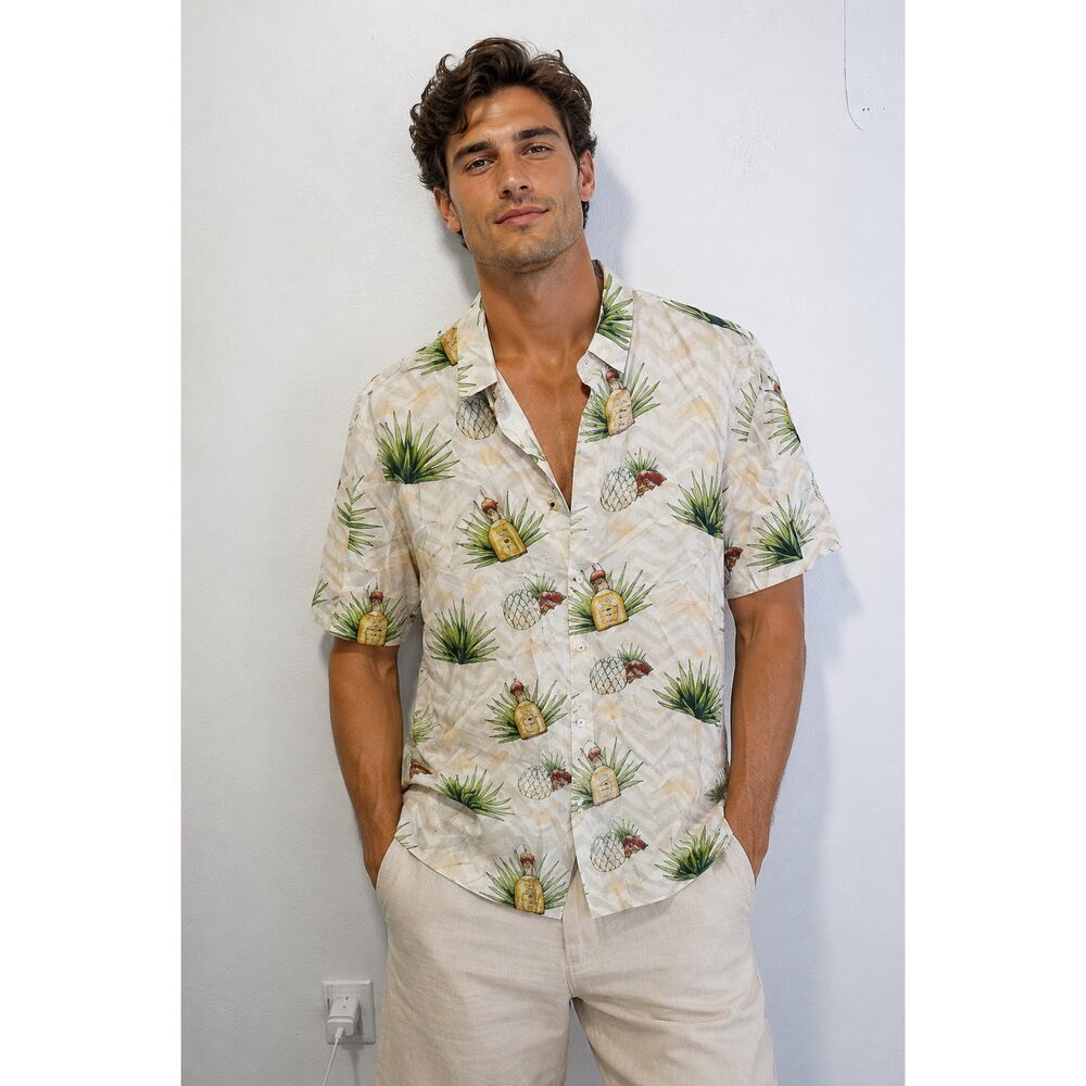 PATRON Tan White Tequila Bottle Pineapple Print Hawaiian Button Up Mens sz XL